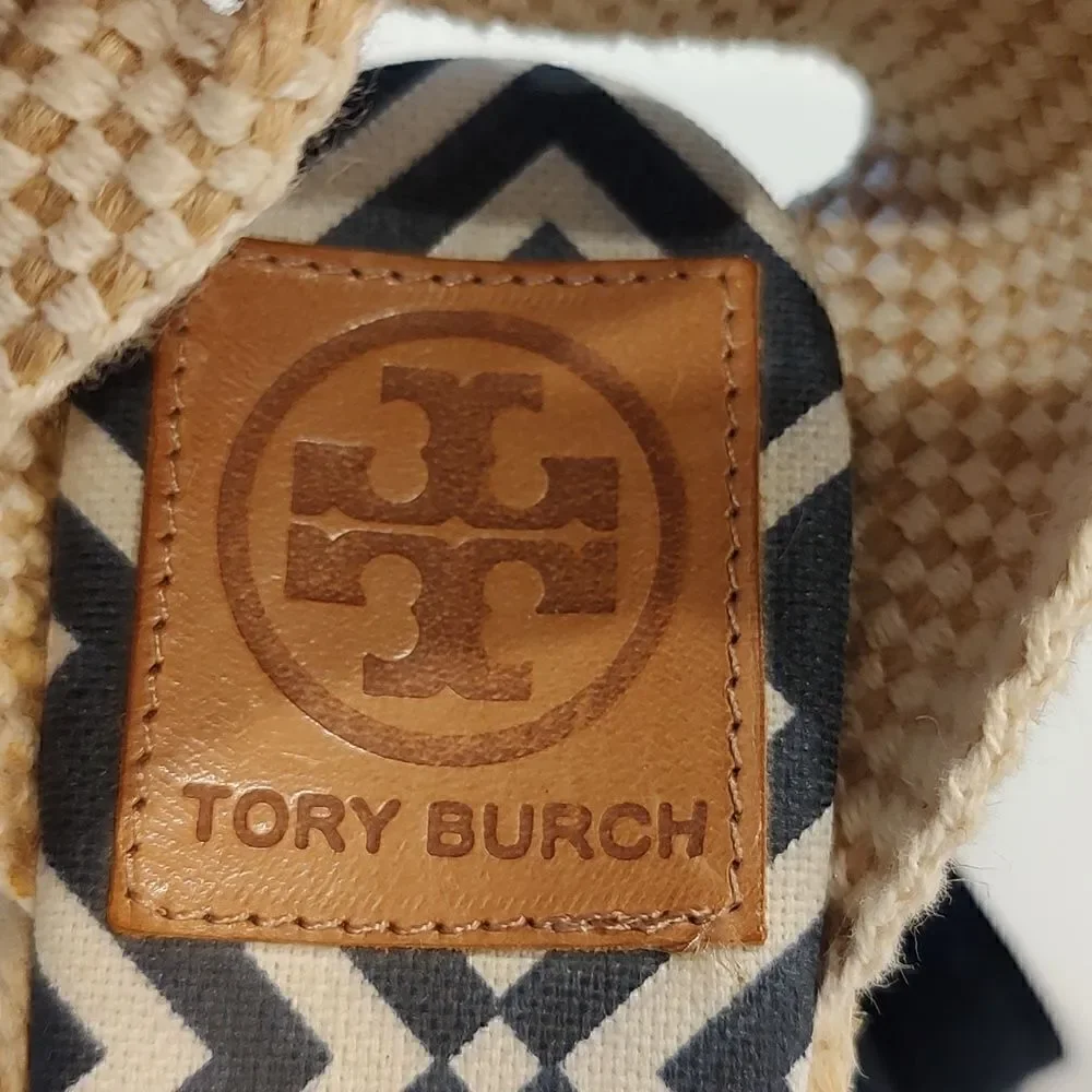Tory Burch Geo Print Platform Wedge Espadrilles Navy White Boho Sandals